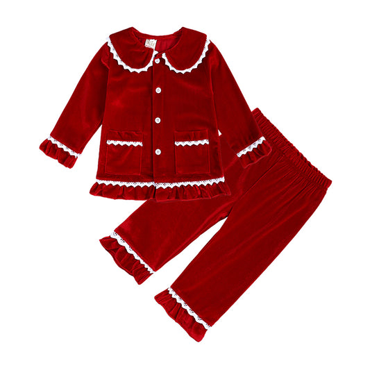 Christmas Velvet family pyjamas lace trim KT
