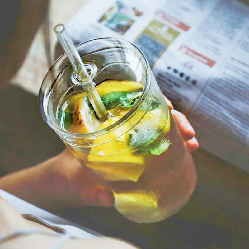 Glass dome lid tumbler with glass straw