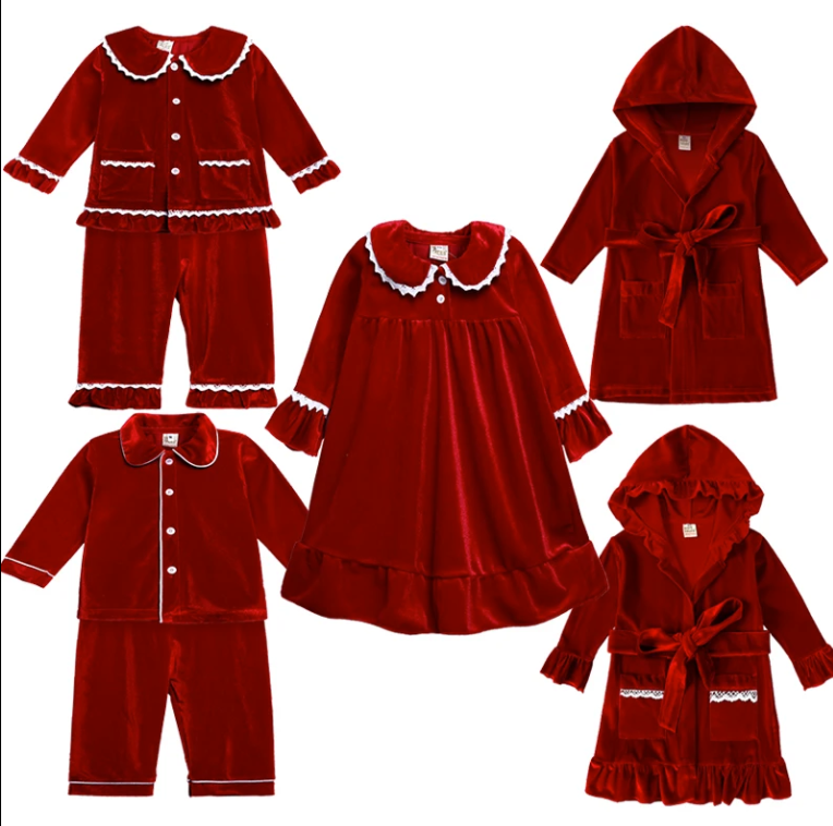 Christmas Velvet family pyjamas lace trim KT