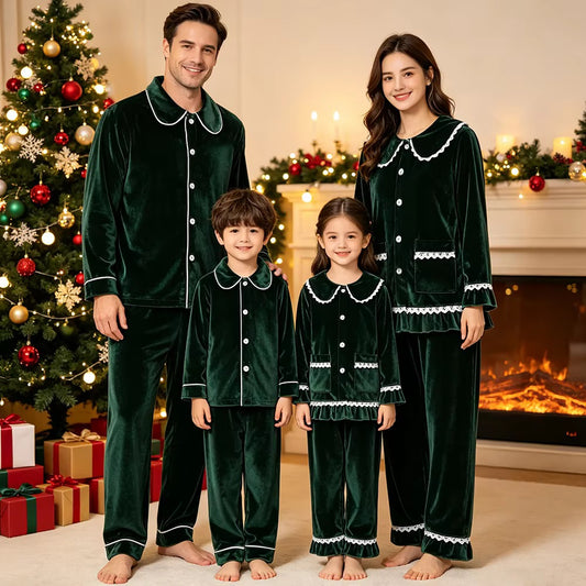 Christmas Velvet family pyjamas lace trim KT